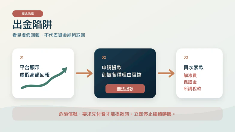 投资平台提款陷阱图,提示不要为了提款继续缴交解冻费或保证金。