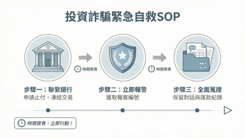 投资诈骗处理流程图,展示停止转账、联系金融机构、保存证据和报警。