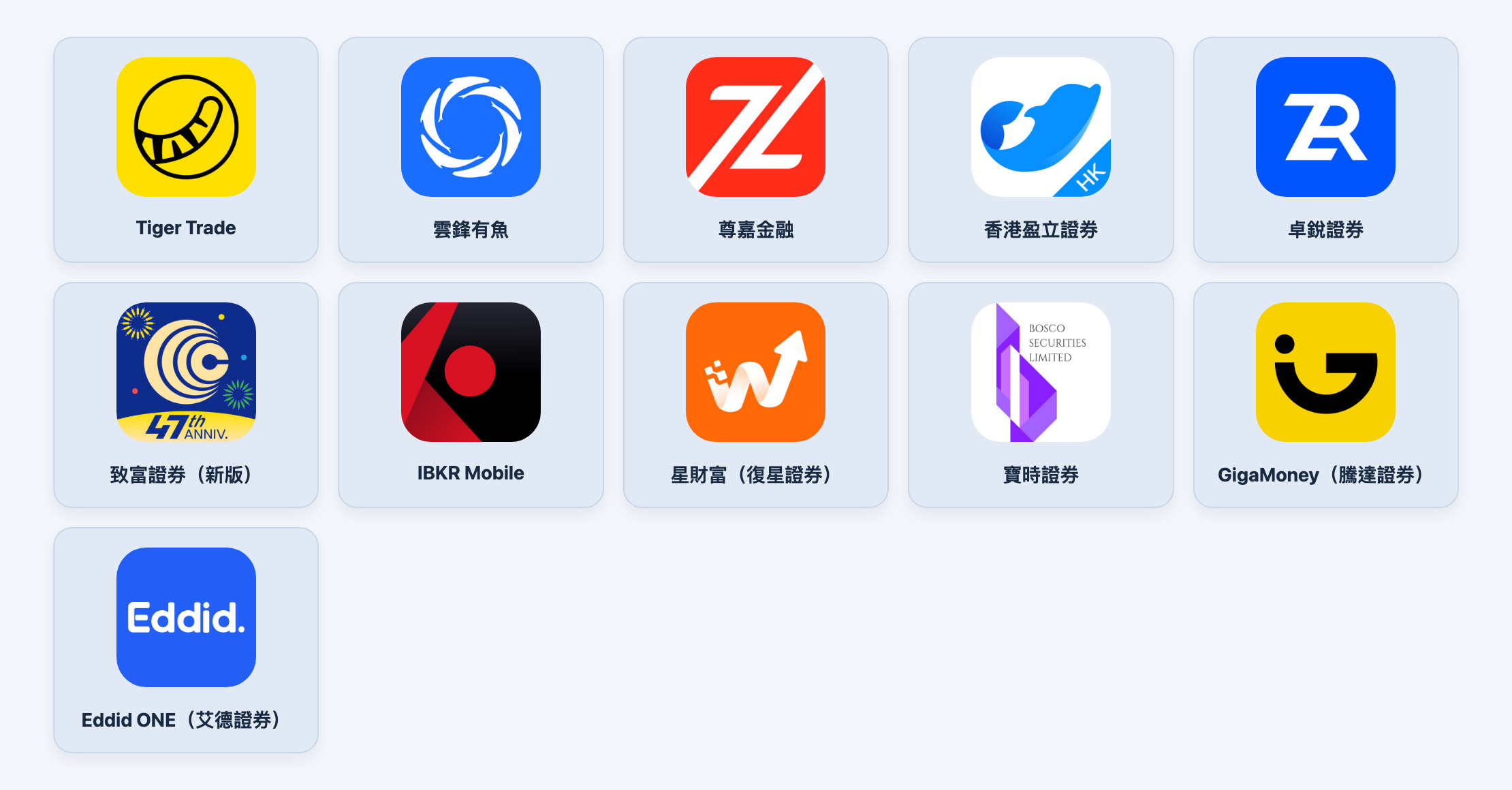 十一款券商官方 App 图标,每行最多五个;第一行依次为老虎、云锋有鱼、尊嘉、盈立、卓锐,第二行依次为致富新版、盈透、复星、宝时、腾达,第三行第一个为艾德证券