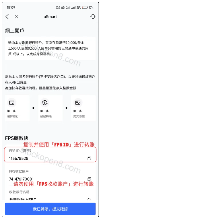 盈立港币银行转账页面,标注 FPS ID 与账户号码的区别及提交确认入口